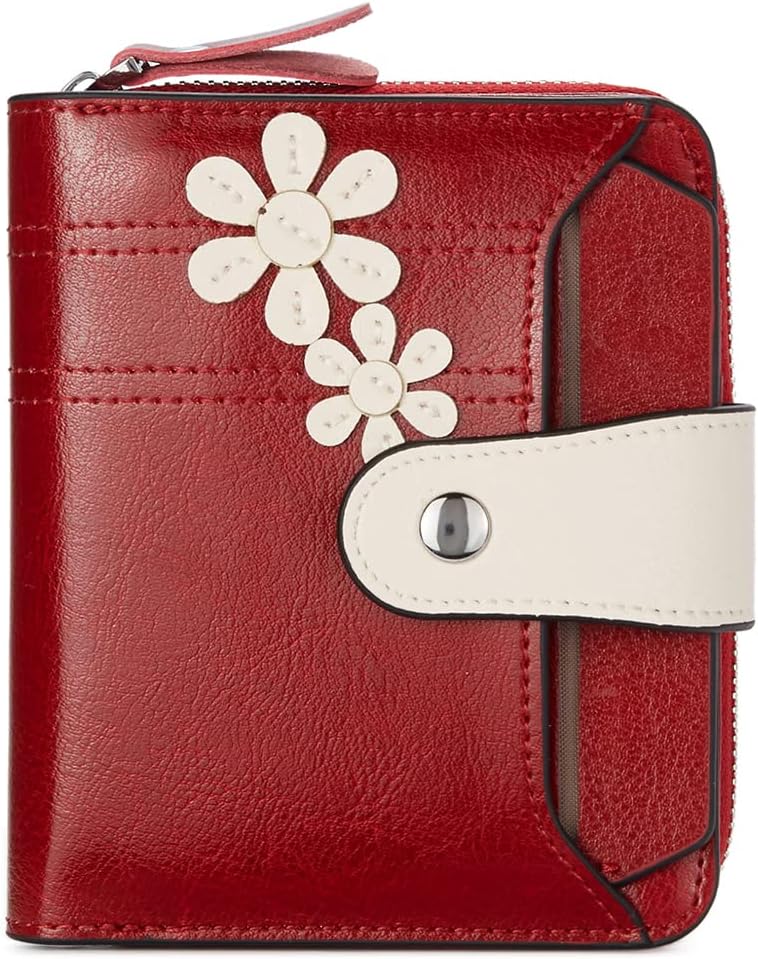 BOSTANTEN Leather Wallets for Women RFID Blocking Zipper Pocket Small Bifold Wallet Card Case Floral Red