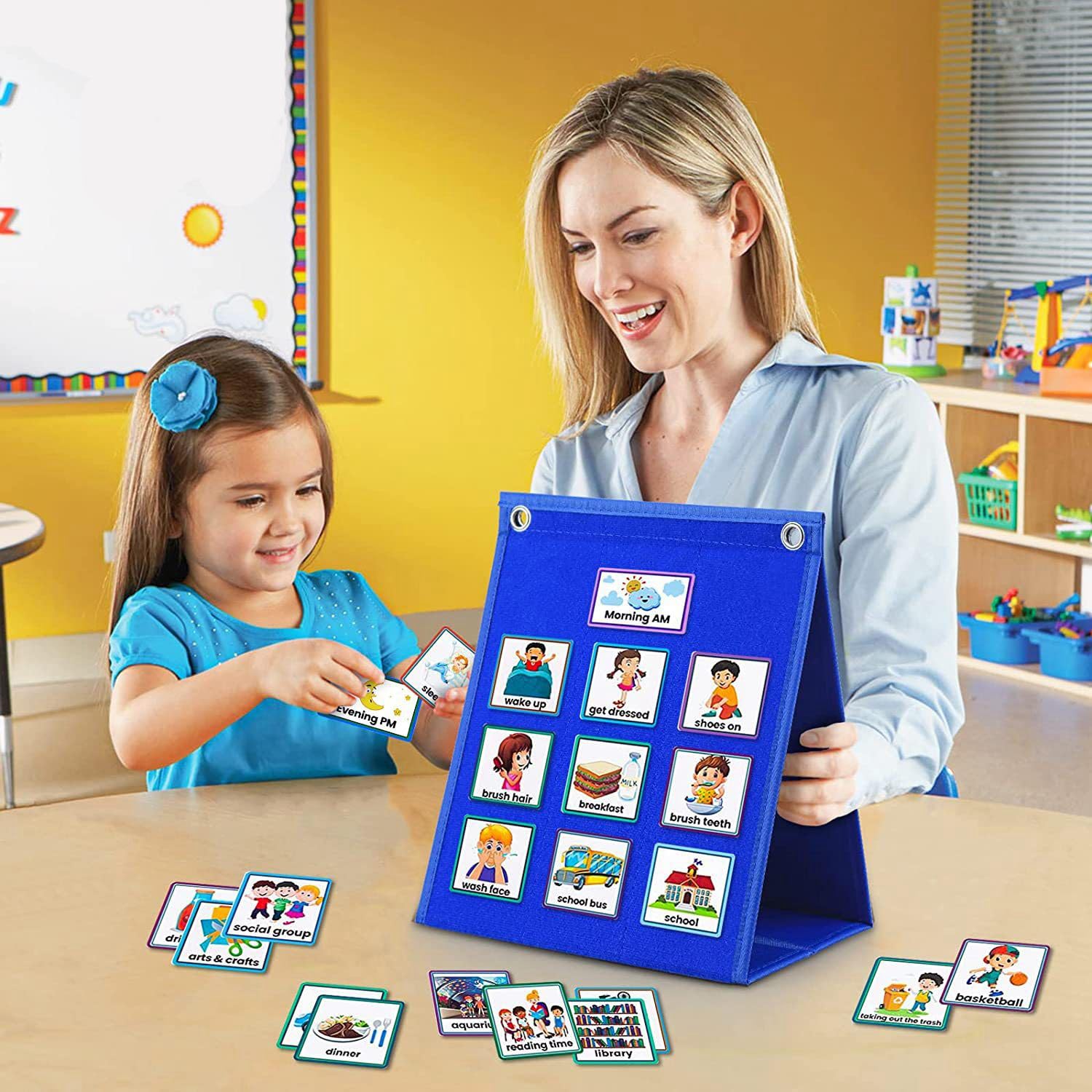 Calendario per bambini, 2 in 1, diagramma di routine quotidiana 'autismo, agenda giornaliera per bambini, routine visione, planner settimanale per bambini con 70 carte, calendario per