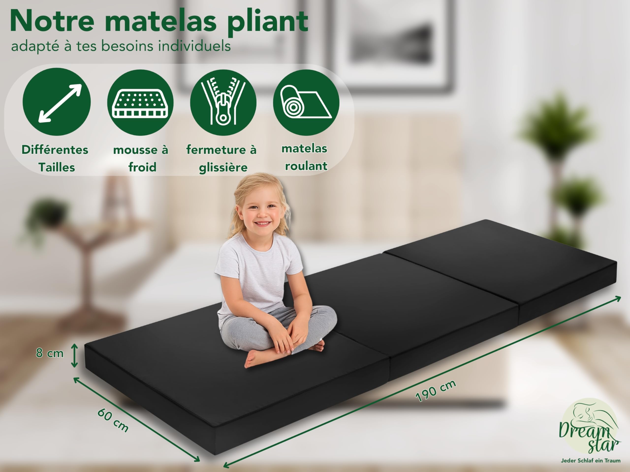 DREAMSTAR Easy Night, Matelas d'appoint pliable en 3 pièces, 7 cm de haut, 30 nuits d'essai de sommeil, Certifié Oeko-Tex, Matelas pliant noir, 60 x 190 cm