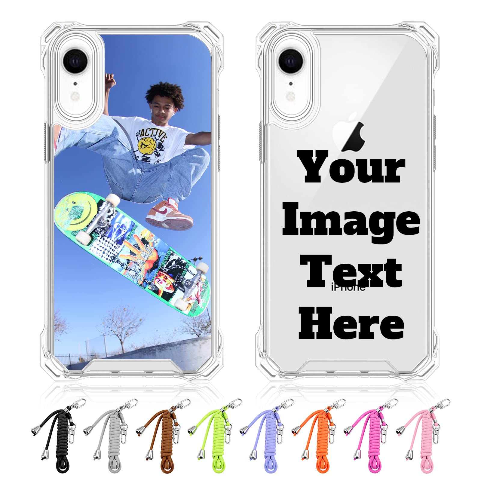 AnNengJing Personalised Custom Photo Phone Cases for iPhone XR Hard Square TPU Protective Back Cover with Crossbody Shoulder Neck Lanyard Strap -Make Your Own Cases(Clear)