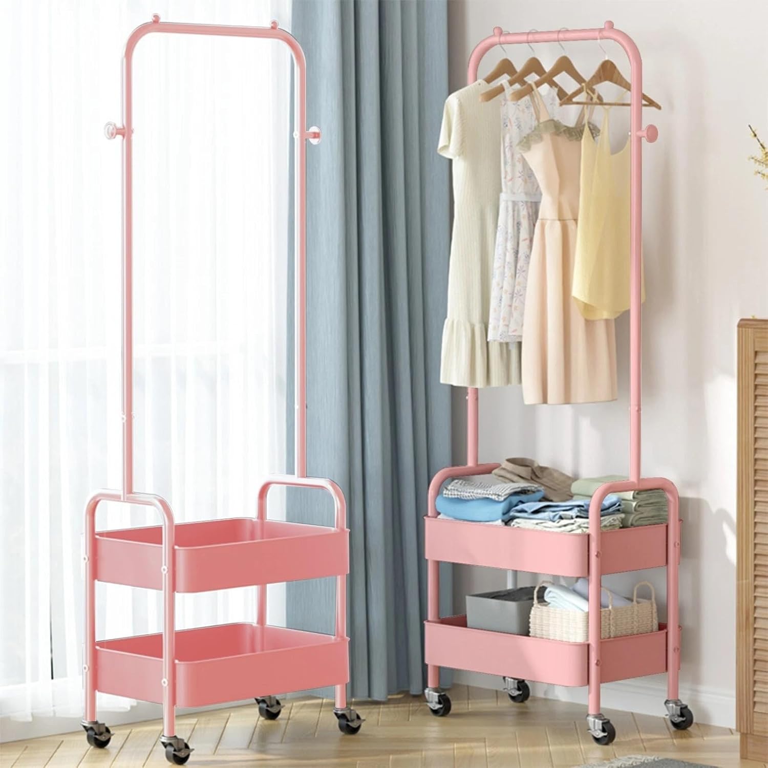 Freestanding Rack For Hanging Clothes With Shoe Storage - 26.37”W x 11.81”L x 62.59”H Heavy Duty Metal Clothes Rack On Wheels, Closet Organizer Shelves For Garment Hanging Hat, Coats (Pink)