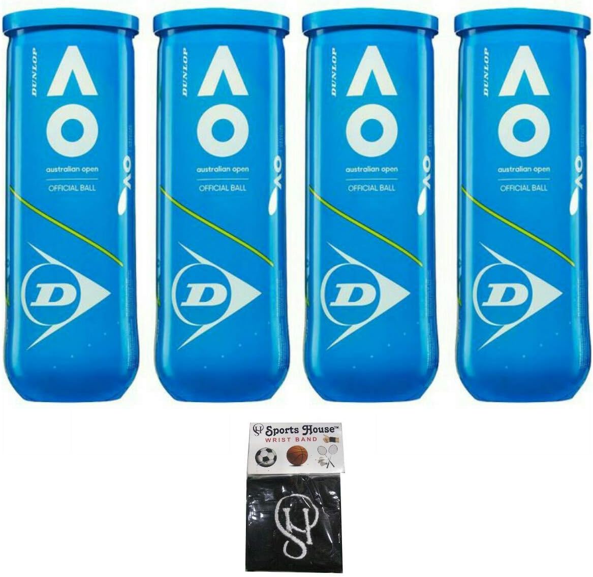 Dunlop Australian Open Tennis Balls (Pack of 12) with SportsHouse Wrist Band