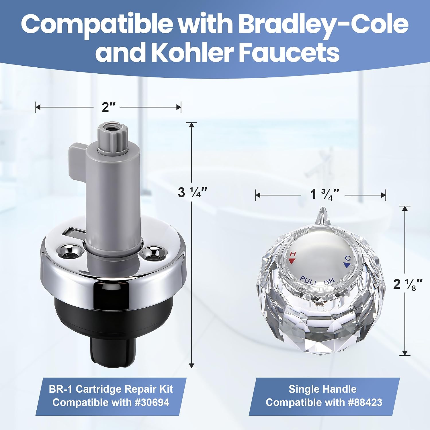 Cartridge Repair Kit with Faucet Handle, Compatible with Bradley-Cole, and Kohler, Fits Single Handle Faucets for Bathroom and Bathtub Applications