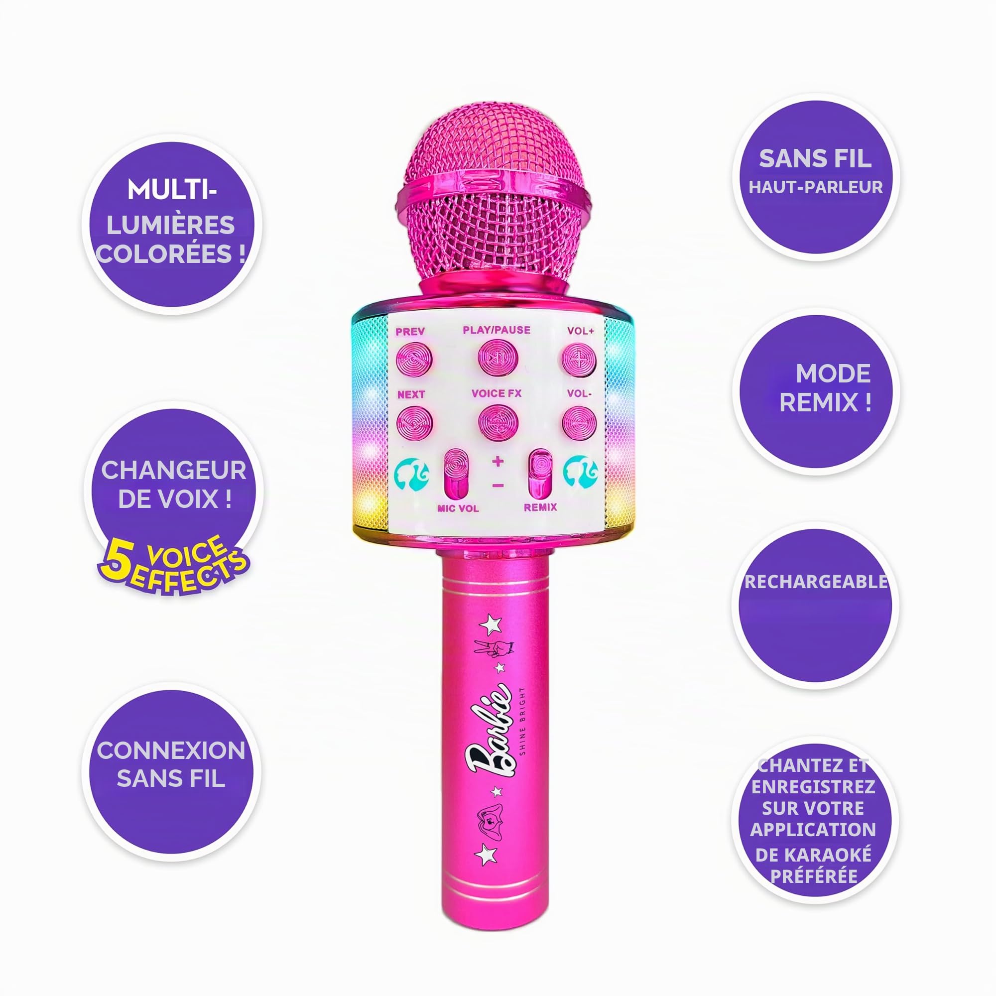 Sinco Creations Barbie Bright Voicemaster Microphone sans Fil karaoké Haut-Parleur sans Fil Lumières Multicolores 5 Effets vocaux Chanter et enregistrer