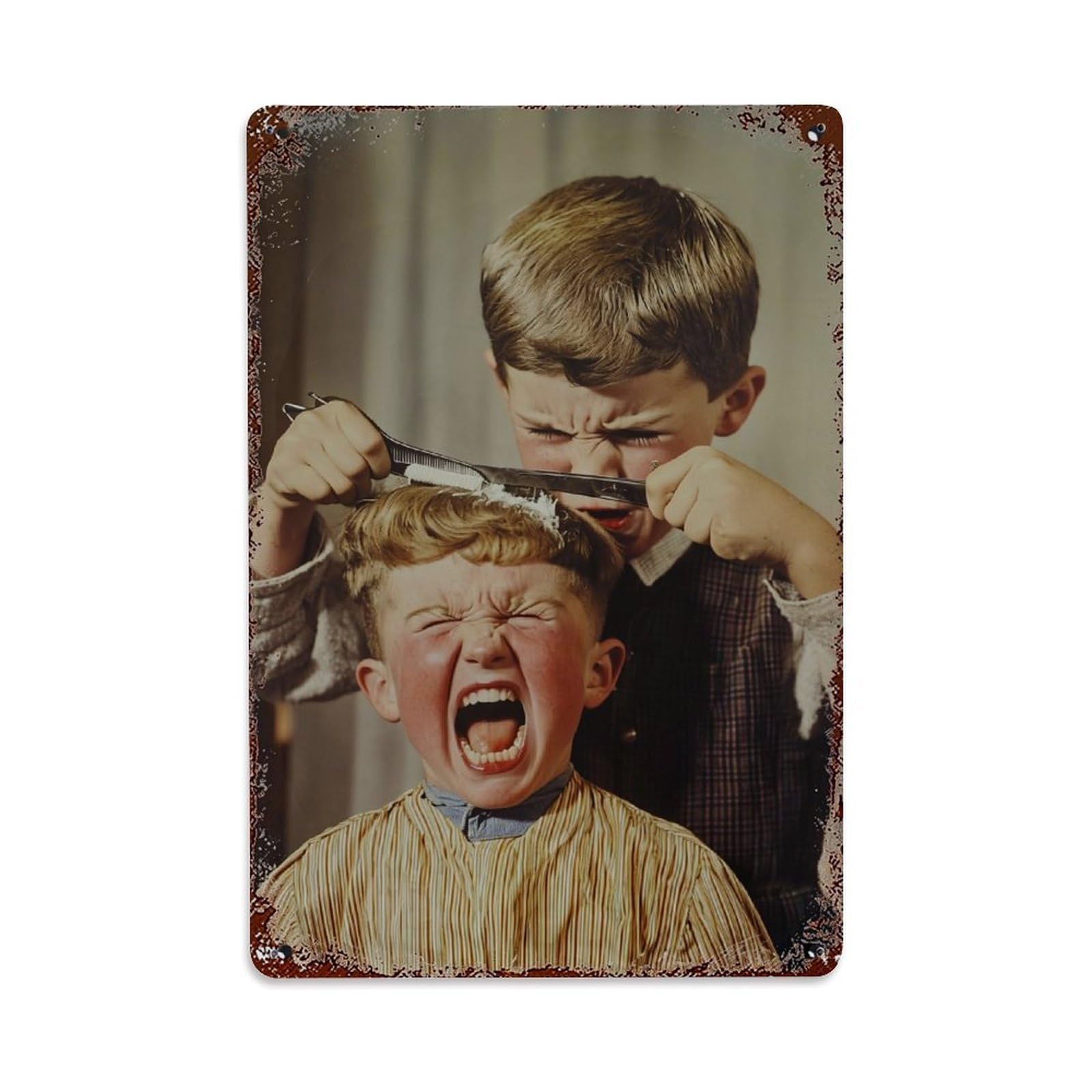 Boy Cutting Hair With Scissors Retro Metal Tin Sign, Vintage Decor Art Poster for Bar, Home, Man Cave, Kitchen, Laundry Room Gift 8x12Inch