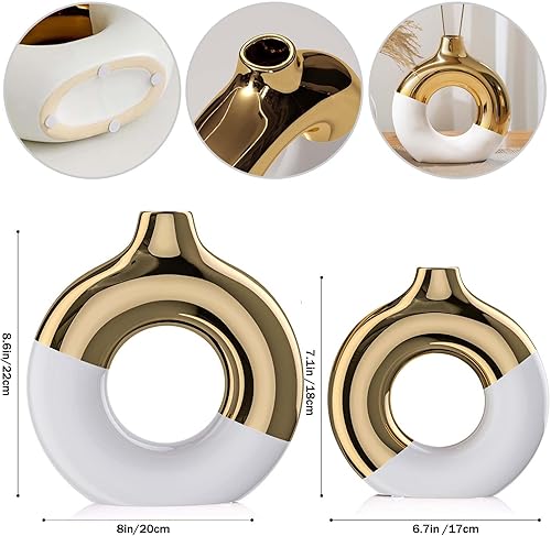Miniatura 2 de Jarrón blanco y dorado, juego de 2 jarrones de cerámica, jarrones dorados para decoración del hogar, jarrón redondo blanco para centros de mesa,