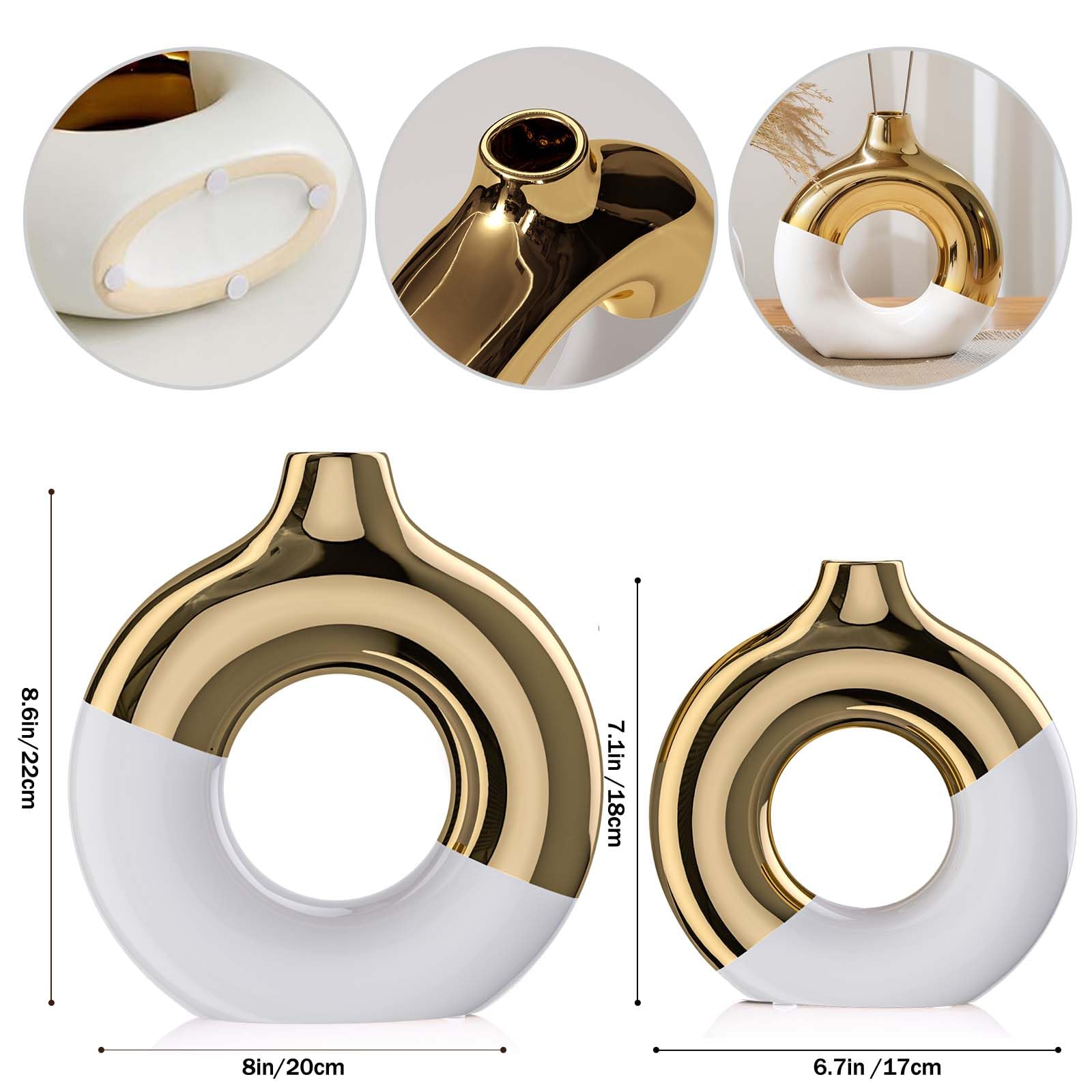 Biały i złoty wazon ceramiczny, zestaw 2 sztuk, okrągłe wazony na kwiaty w kształcie donuta, do dekoracji wnętrz, nowoczesne, minimalistyczne dekoracje stołu, ślub, salon, regał na książki, biuro