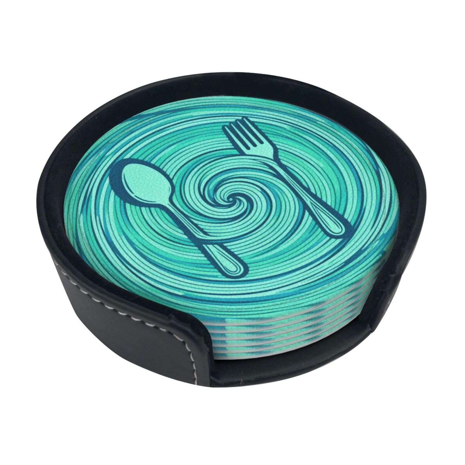Cntdbu White Spiral Kitchen Swirl Leather Coasters Set Of 6-Pu Leather Drink Mats For Table, Heat Resistant Round Coasters With Holder