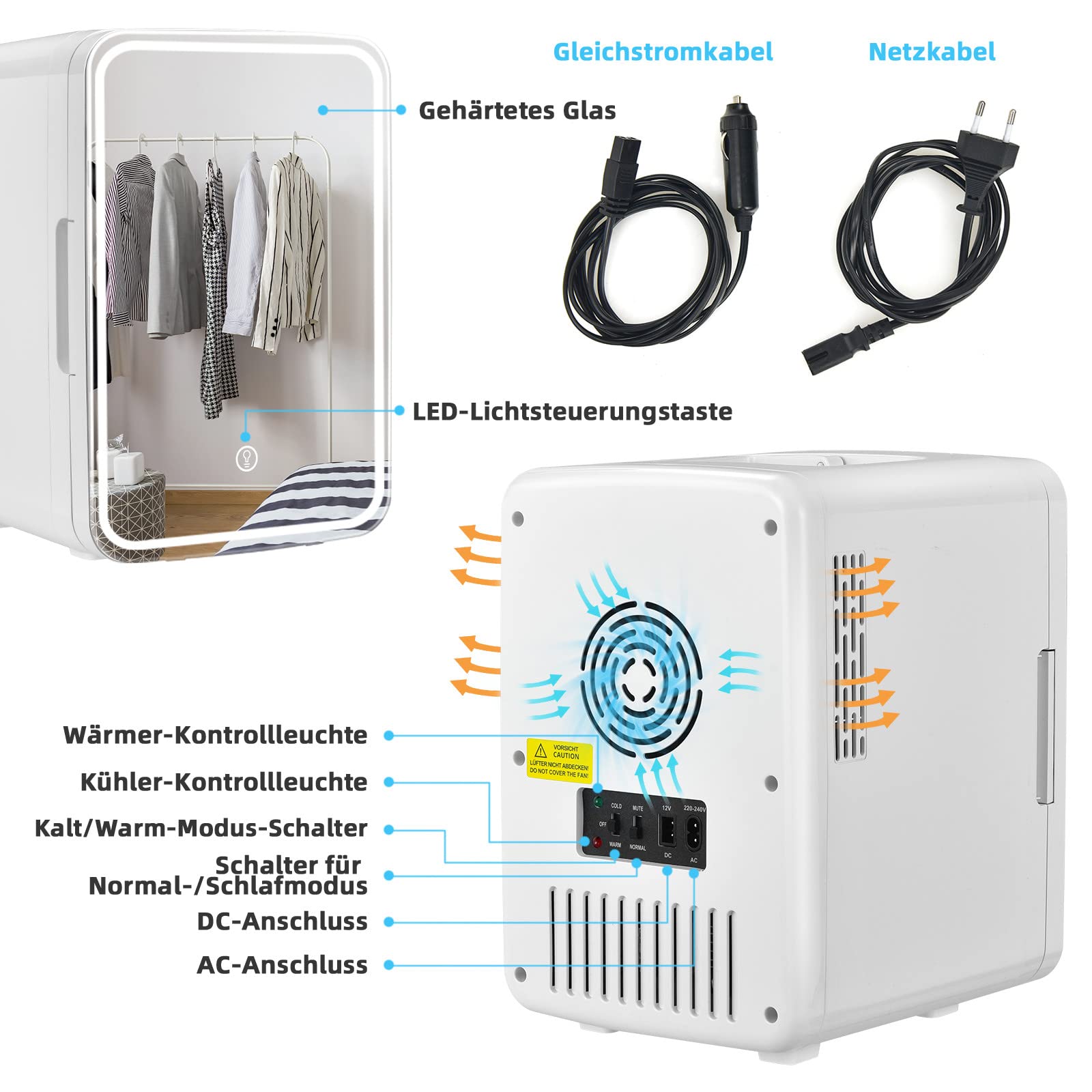 RELAX4LIFE Mini-Kühlschrank 10 L, Kosmetika-Kühlschrank für Kühler & Heizen mit 3 Helligkeitsstufen Einstellbarem LED-Licht&Spiegel&Abnehmbaren Regalen, Tragbarer Getränkekühlschrank für Zuhause