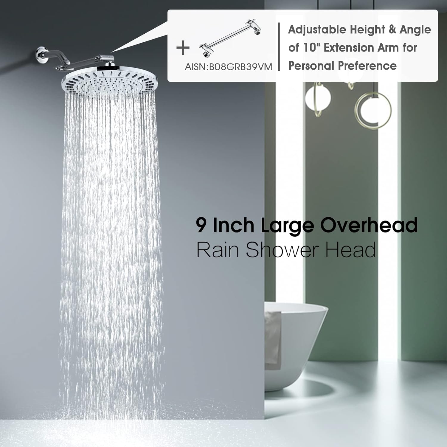 BRIGHT SHOWERS 9 Inch Rain Shower Head with Shower Head Extension Arm, Chrome
