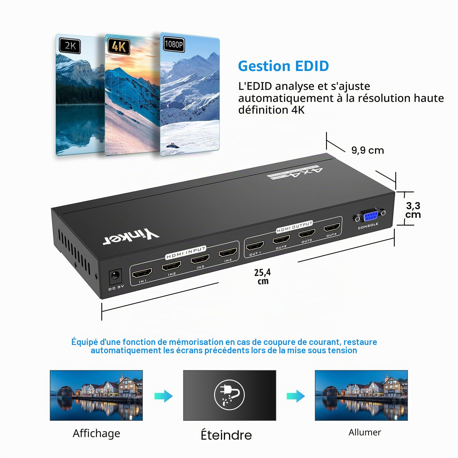 Commutateur matriciel HDMI 4 K 4 x 4, 4K @ 30 Hz HDMI Commutateur répartiteur 4 entrées 4 sorties avec bouton rétroéclairé, prend en charge la gestion HDCP EDID RS232