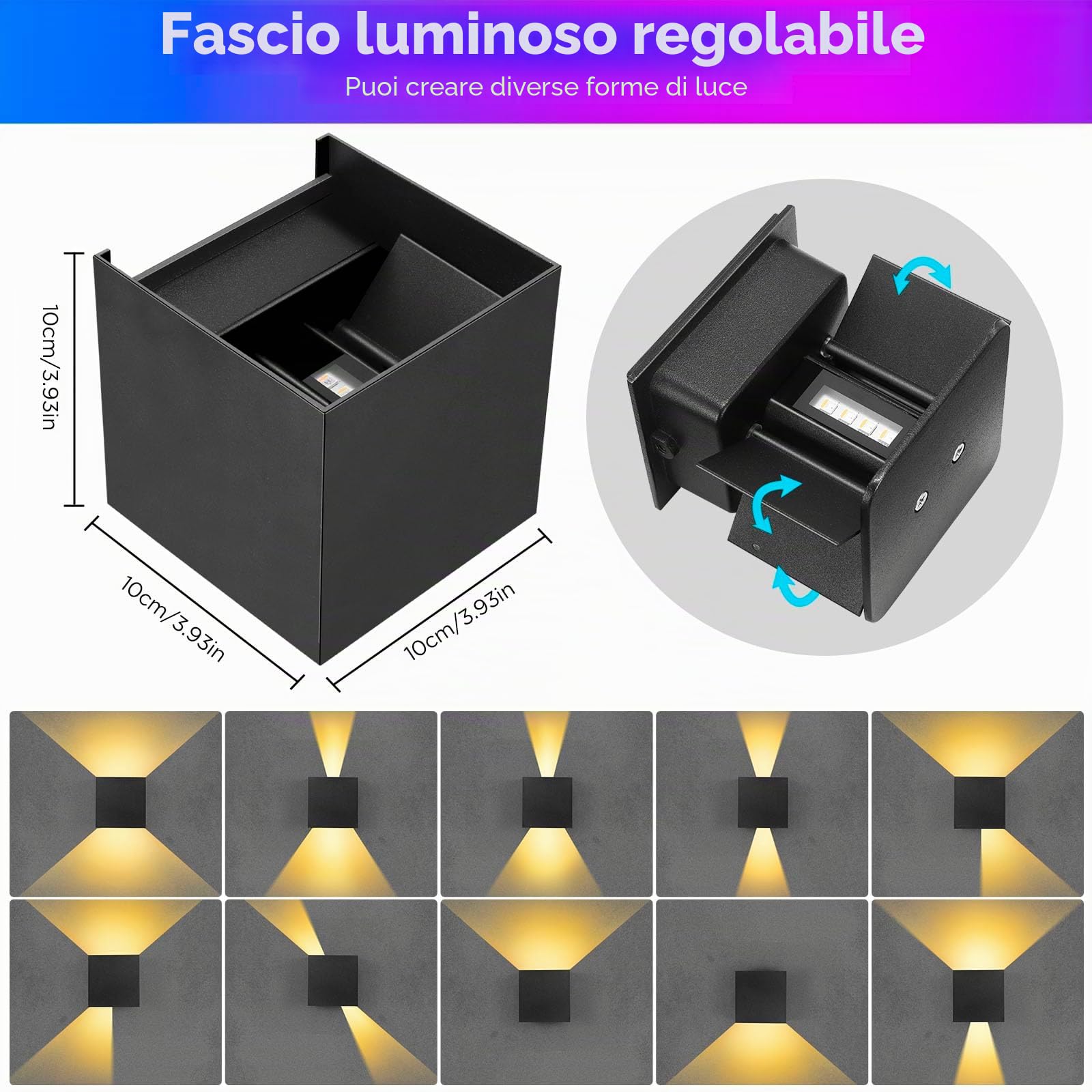 2 Pezzi Lampada da Parete RGB, 9W LED Lampada da Parete Interno RGB Dimmerabile con Telecomando APP Controllo, 16 Milioni di Colore, Angolo del Fascio Regolabile Applique per Soggiorno,Camera da Letto