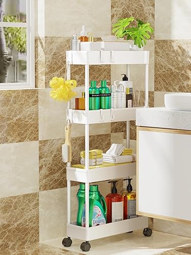 Miniatura 9 de LEHOM Carrito de almacenamiento delgado de 5.1 pulgadas, organizador de baño de 4 niveles, estantería móvil, carrito rodante, organizador deslizante