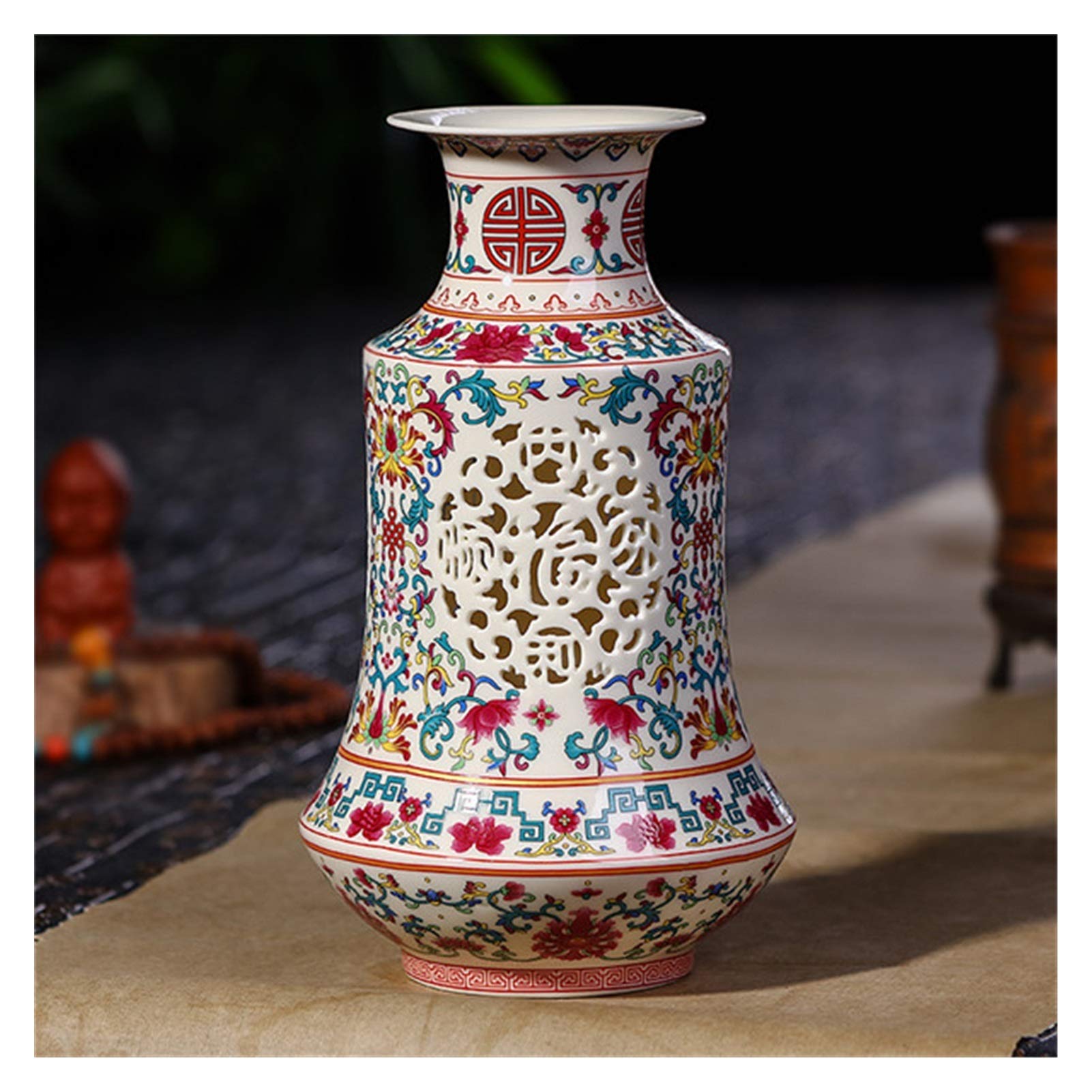 asdchZen Vases Antique Ceramic Vase Chinese Pierced Vase Wedding Gifts Home Handicraft Furnishing Articles Vases For Decor,L
