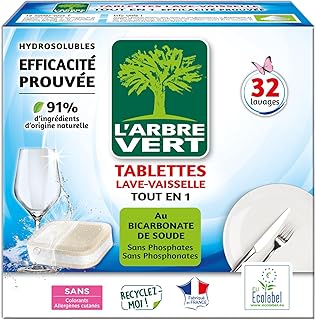 L'Arbre Vert Tablettes Lave Vaisselle Tout En 1 - Ecolabel - 91% d'ingrédients d'origine naturelle - 32 Doses