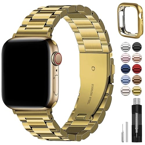 Fullmosa Metal Band Compatible with Apple Watch Bands 41mm 40mm 38mm, iWatch Band with Case for Apple Watch Series 9 8 7 6 5 4 3 2 1 SE3/2/1, Golden