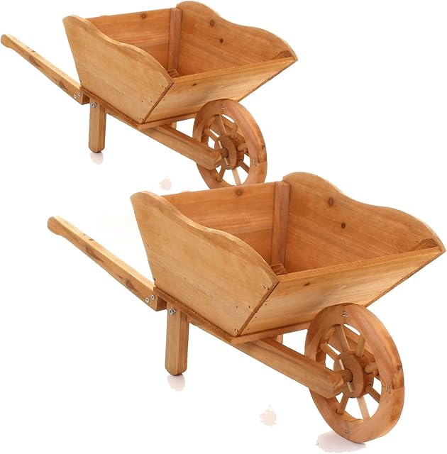 2 x Traditional Wooden Wheelbarrow Planter Garden Plants Flowers Outdoor Natural NEW