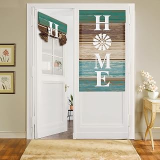 French Door Curtains for Windows, Vintage Windmill Wood Front Door Window Curtains for Glass, Farmhouse Retro Privacy Tie Up Blinds Thermal Insulated Shades 26 x 42 Inch,Green Brown