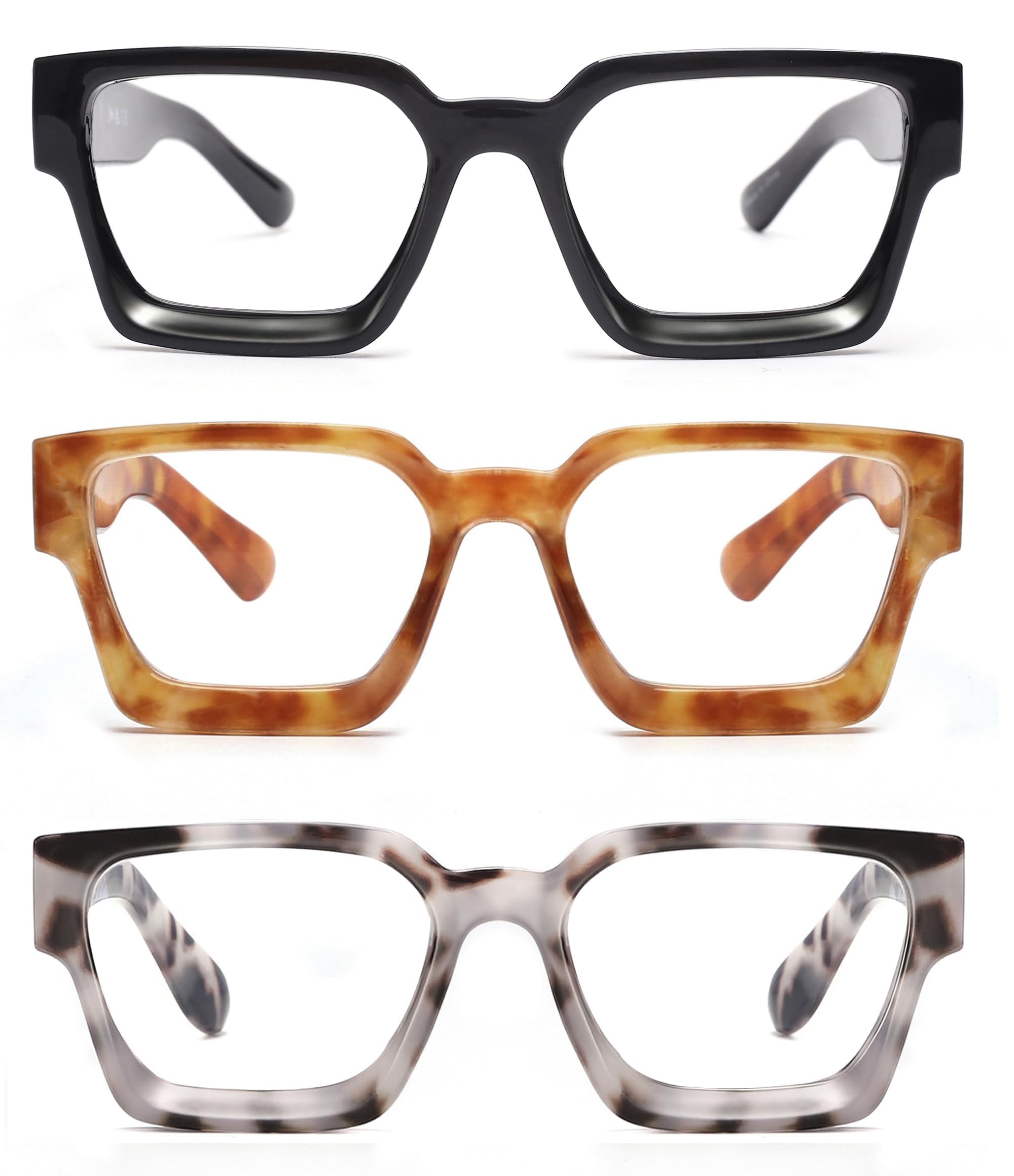 JM3 Pack Square Oprah Style Reading Glasses for Women Men, Oversized Rectangle Spring Hinge Readers Blue Light Blocking