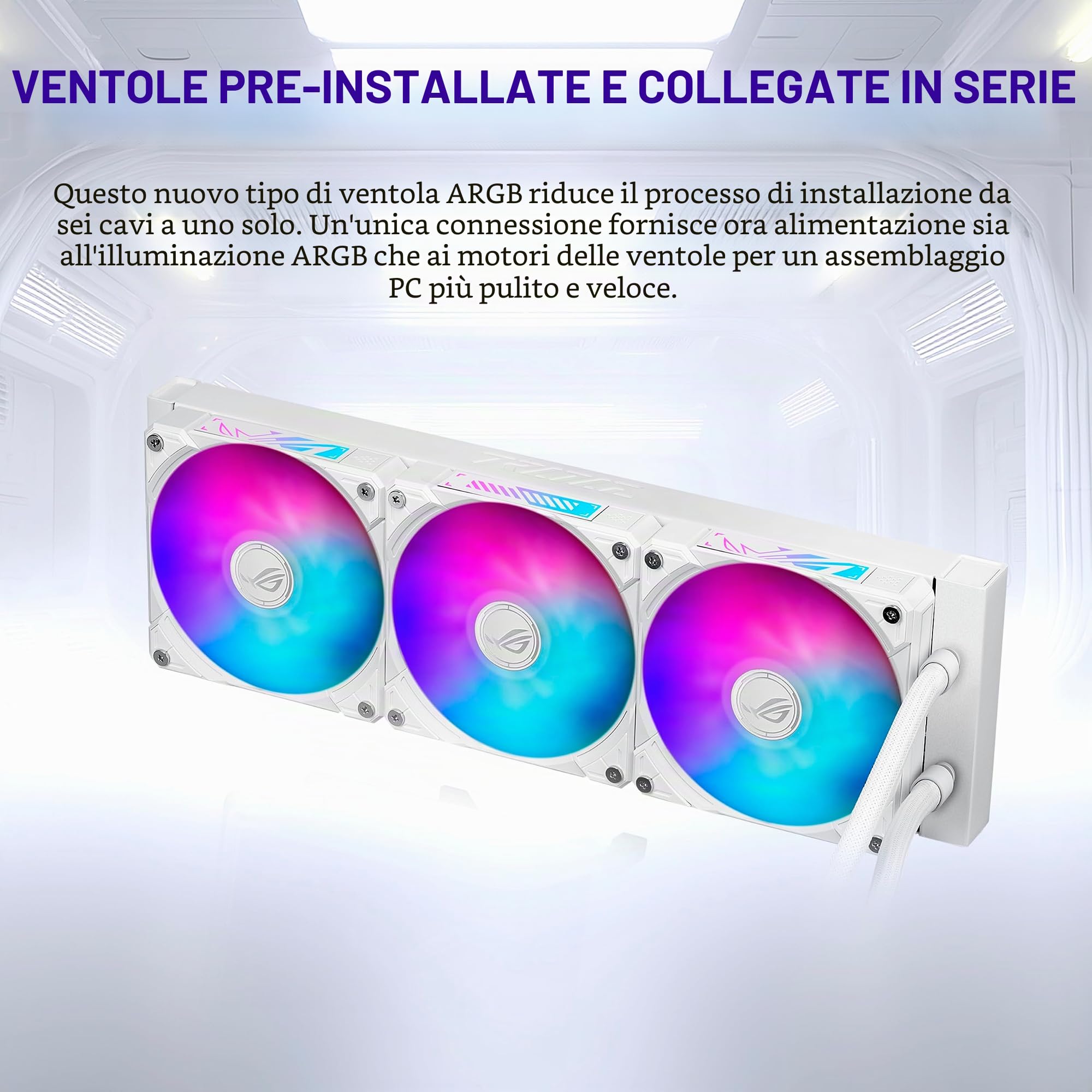 ASUS ROG RYUO IV 360 ARGB WHT, Dissipatore a Liquido con Schermo Curvo 2K AMOLED da 6,67" per Effetti 3D, Tubi da 400mm, Ventole ARGB, Compatibile con Intel LGA 1851 e 1700 e AMD AM5 e AM4, Bianco