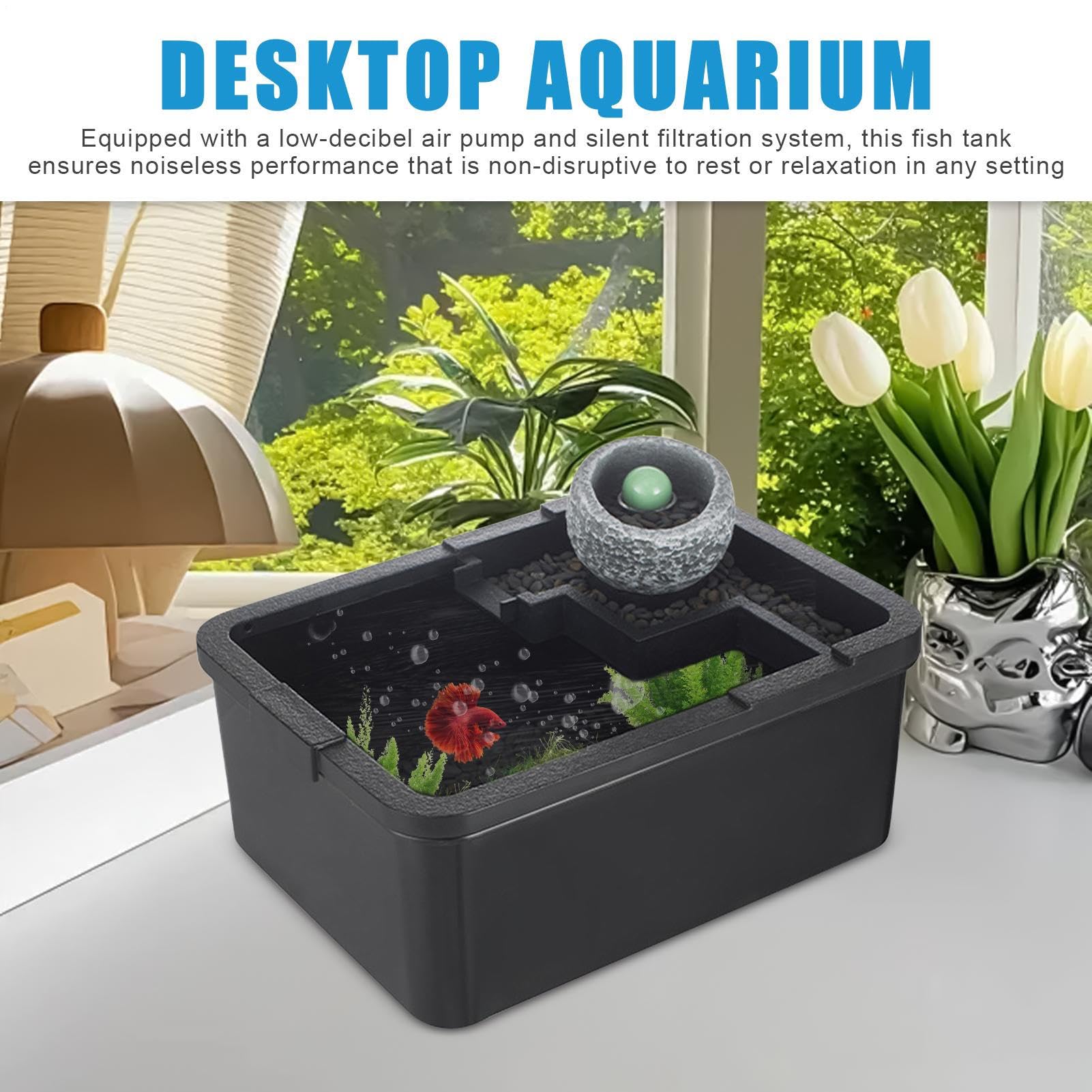 Acquario Arredo Paesaggistico Silenzioso con Luce LED e Pompa | Vaschetta per Pesci per Soggiorno per Betta, Gamberetti, , Acquaponica, Scrivania, Libreria, Studio, Camera da