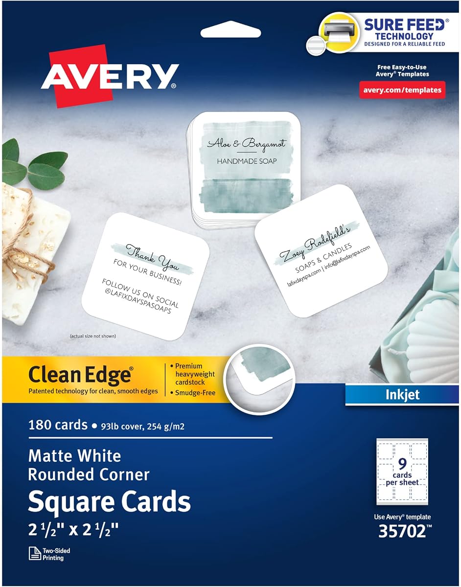 Tarjetas cuadradas imprimibles Avery Clean Edge con tecnología Sure Feed, esquinas redondeadas, 2.5" x 2.5", blanco mate, compatible con impresora de inyección de tinta, 180 tarjetas en blanco en total (35702)