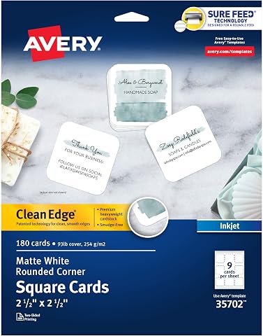 Avery Clean Edge 35702 Sure Feed Teknolojisine Sahip Yazdırılabilir Kare Kartlar, Yuvarlatılmış Köşeler, 6,35 cm x 6,35 cm, Beyaz, Mürekkep Püskürtmeli Yazıcılar için 180 Boş Kart