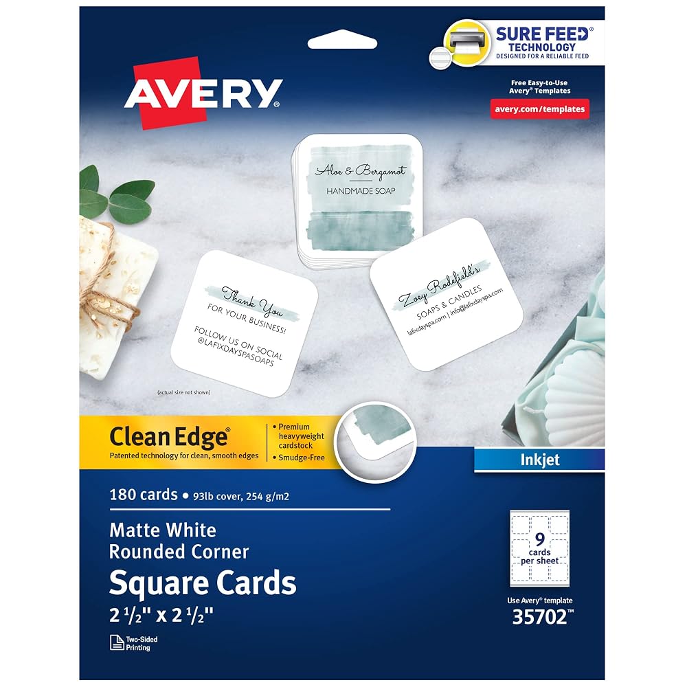 Avery Clean Edge Business Cards, 2.5" x 2.5", Inkjet, 180 Cards