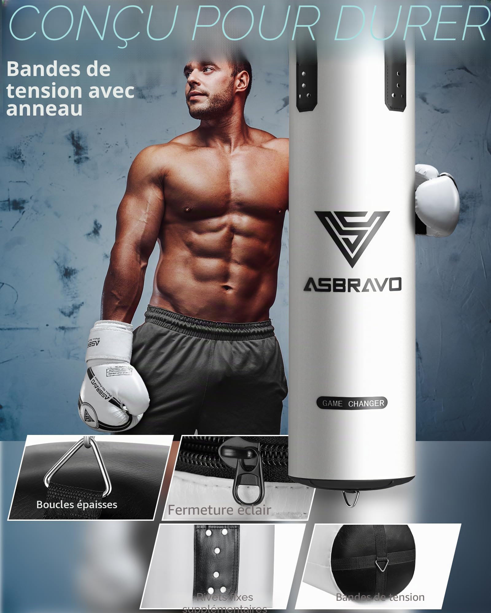 Sac de frappe pour adultes - 1,2 m - En polyuréthane - Gants de boxe lourds de 340,2 g - Pour MMA, Muay Thai, Kickboxing, entraînement à domicile, arts martiaux (non rempli)