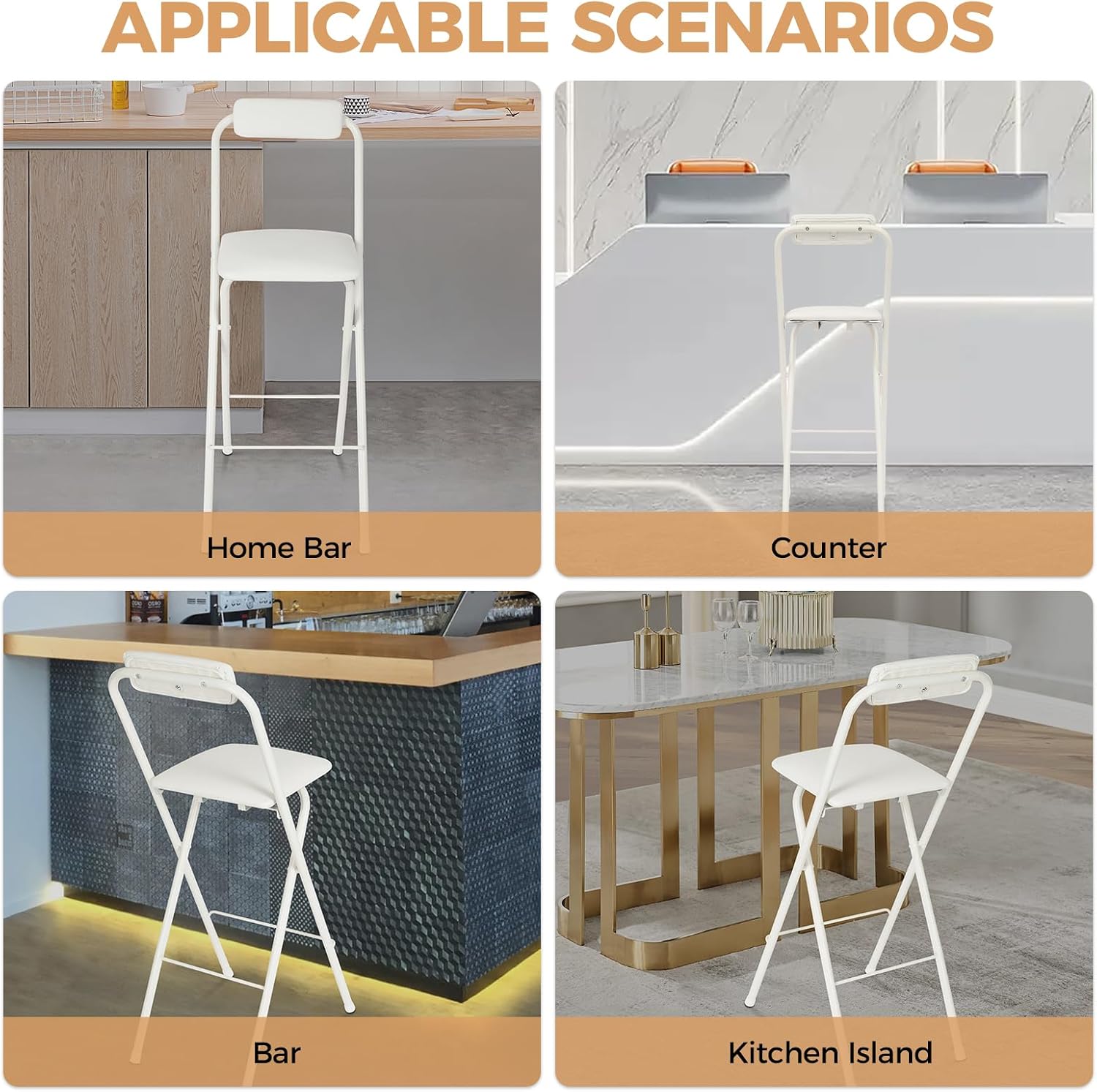 Folding Stool, Cushioned Padded Folding Stool Portable Bar Stool with Back for Camping Kitchen Home Office, Tall Bar Collapsible Stools (White, 1Pcs 27.56in)