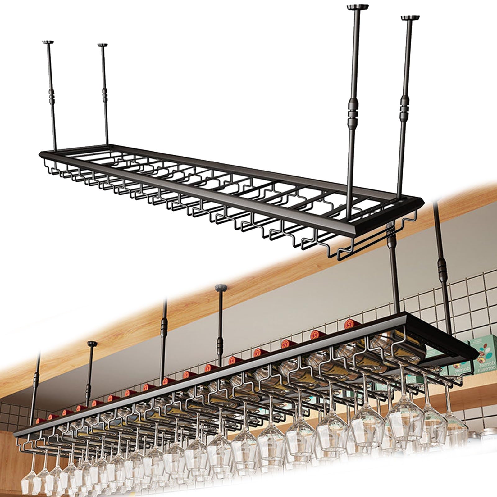 ASYJVWYZ Suspended Wine Rack Holder, Black Adjustable Ceiling Wine Bottle Storage Shelf, Heavy-Duty Metal Bar Organizer For Home(Style A,150x30cm/59x12in)