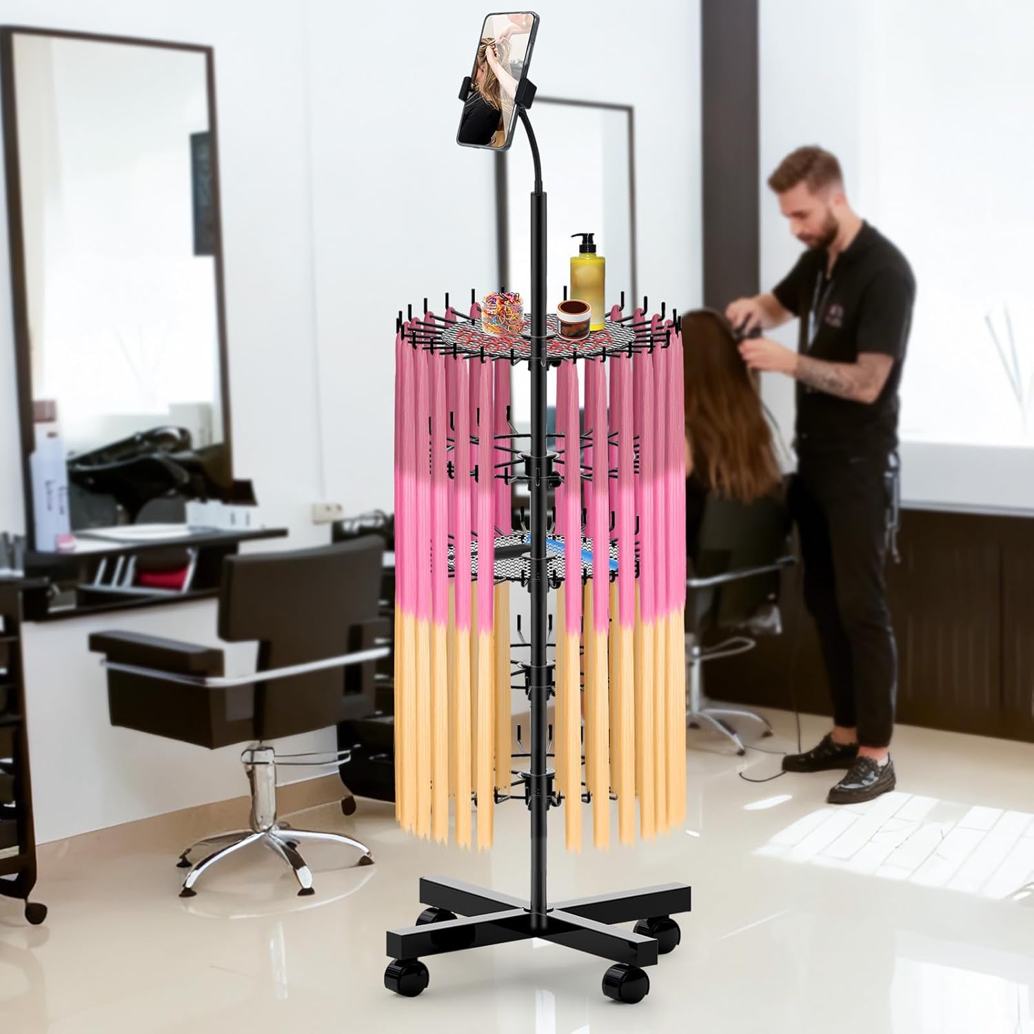 Braiding Hair Rack Standing with 140 Pegs, Height Adjustable Hair Extension Holder with Wheels, Braiding Rack Stand for Hair with Phone Holder for Displaying & Separating Hair (Black)