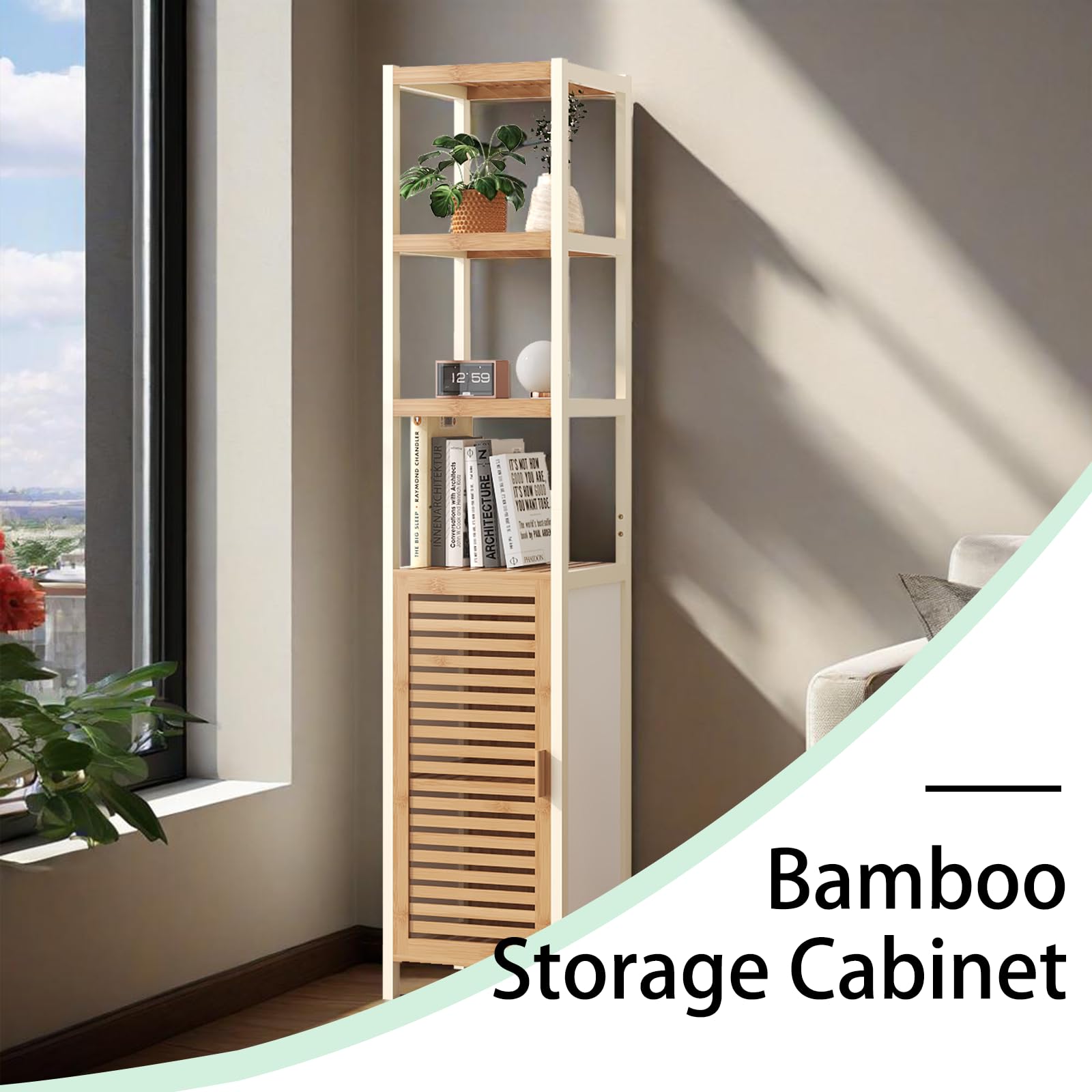 Estantería de bambú para baño con 3 compartimentos abiertos y armario, multifuncional, estantería de baño estrecha de pie con puerta, estantería de baño para pasillo, cocina, salón