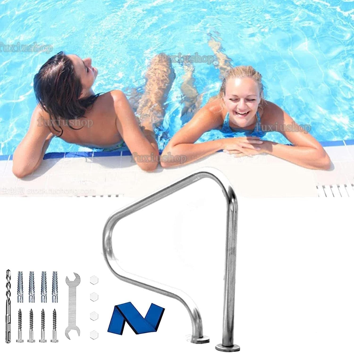 Main courante de piscine en acier robuste avec manchon de protection bleu