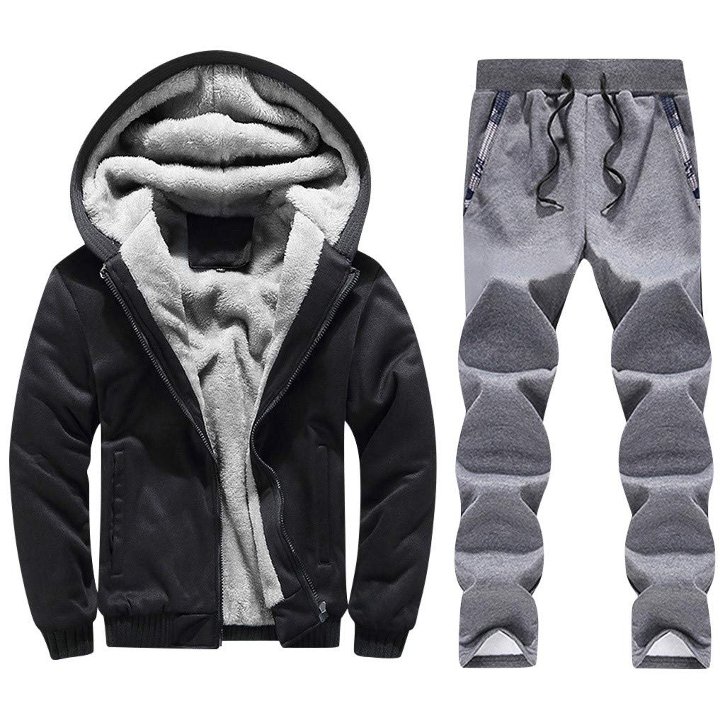 FWEIP Tracksuit Men Sporting Fleece Thick Hooded Casual Sweater Track Suit  Men Jacket+Pant Warm Fur Inside Winter Sweatshirt