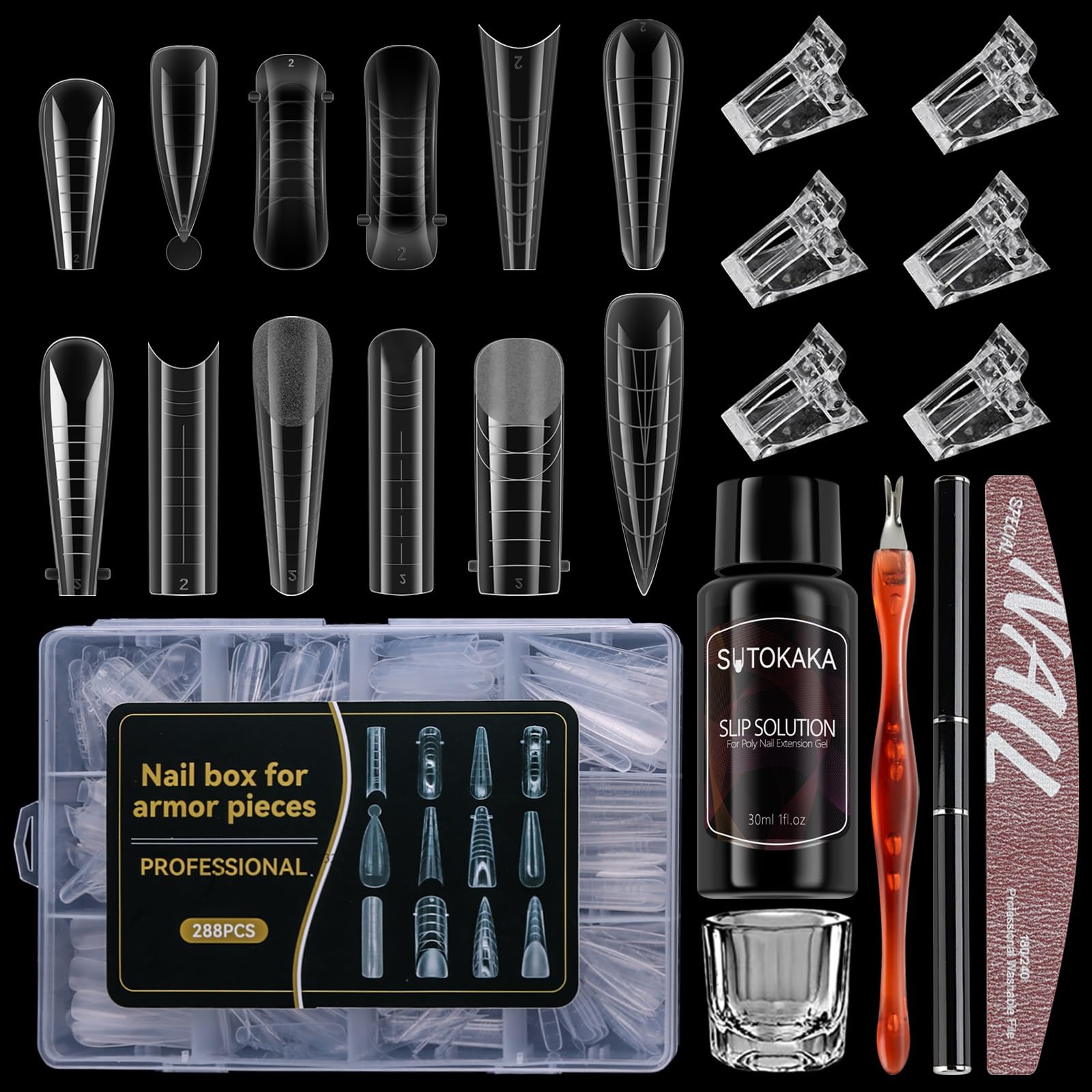SUTOKAKA 288Pcs Polygel Nail Form Kit 12 Style 12 Sizes Reusable Nail Extension Mold Dual Forms with 6Pcs Nail Clips, Nail Slip Solution, Brush Pen,