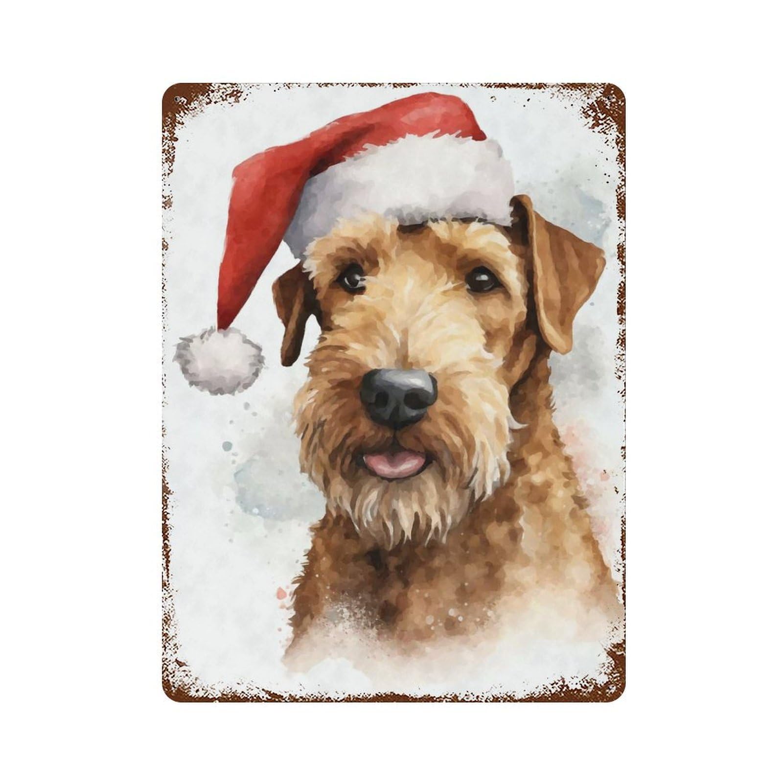 Vintage Metal Tin Sign Airedale Terrier Santa Hat 15.7"x11.8", Industrial Home Decor for Farmhouse, Kitchen And Entryway Decor