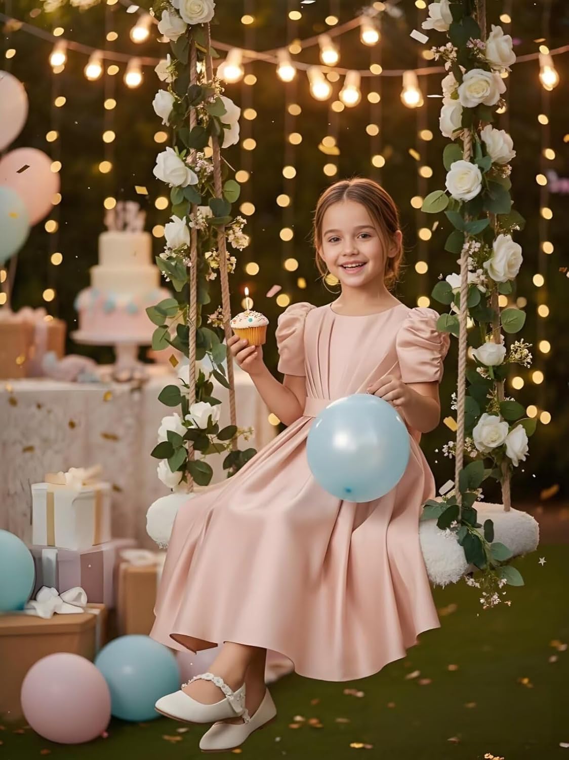 Satin Flower Girl Dress Bowknot Long Wedding Guests Gown First Communion Short Puffy Sleeve Birthday Party Dresses