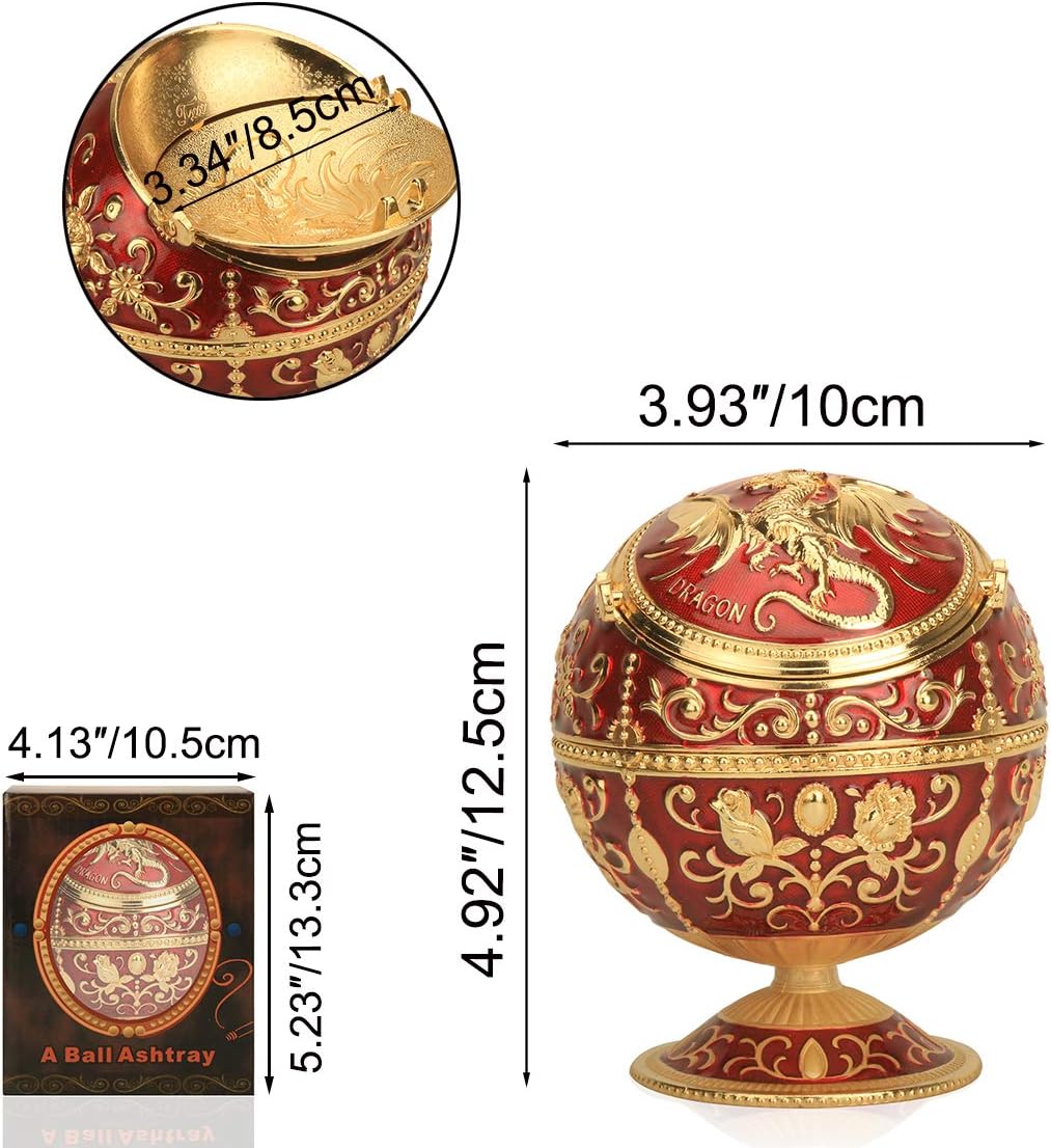 K COOL Pterosaur Windproof Ashtray with Flip Lid for Cigarette Metal Portable Smoking Tobacco Ashtray Indoor Outdoor, Handicrafts Rose Pattern Classy Gift for Women Men (Dark Red-Golden) image 3