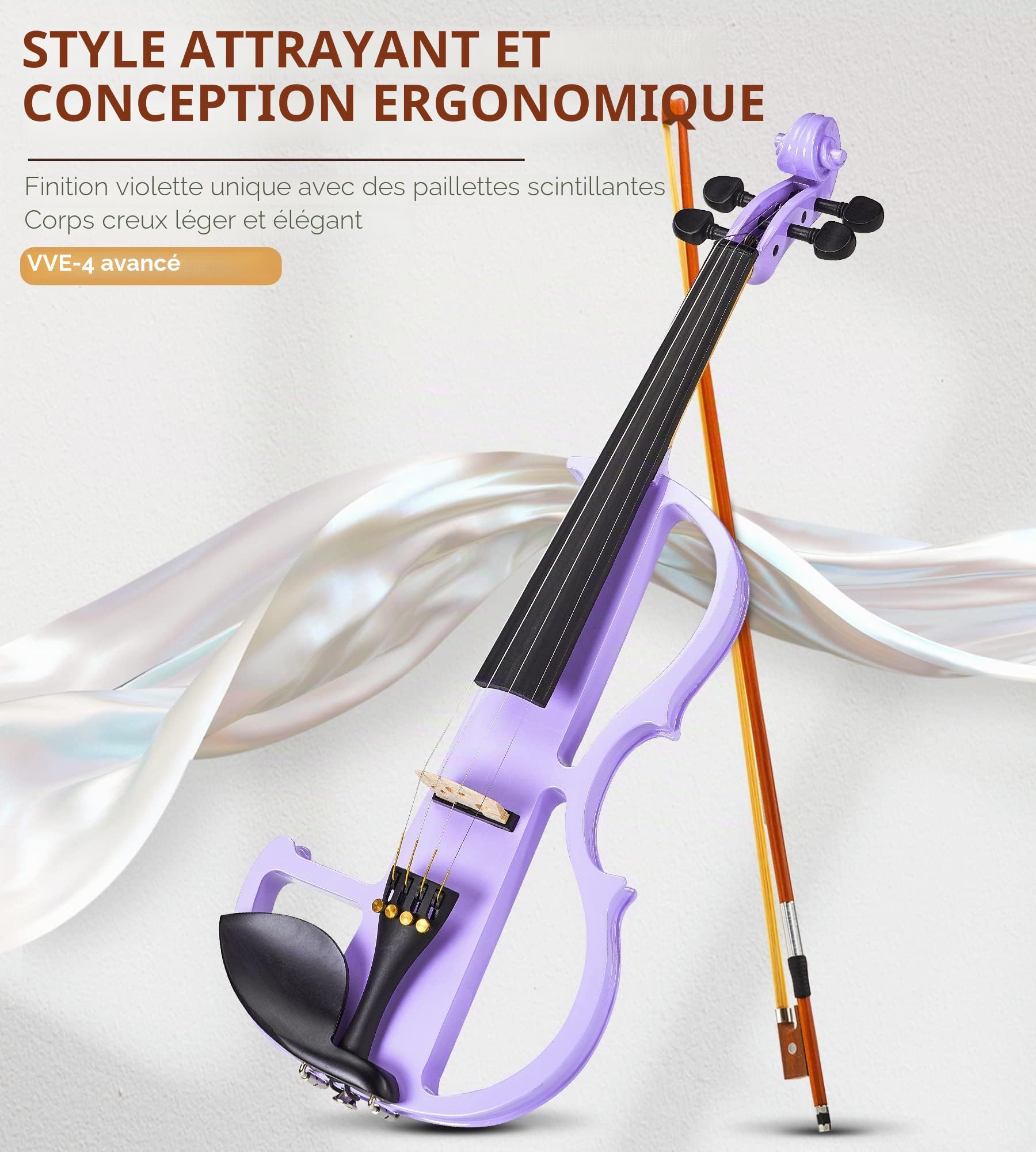 Vangoa Violon Électrique 4/4 Silencieux Taille Réelle pour Débutants Étudiants Adultes Adolescents avec Kit de Démarrage Violet