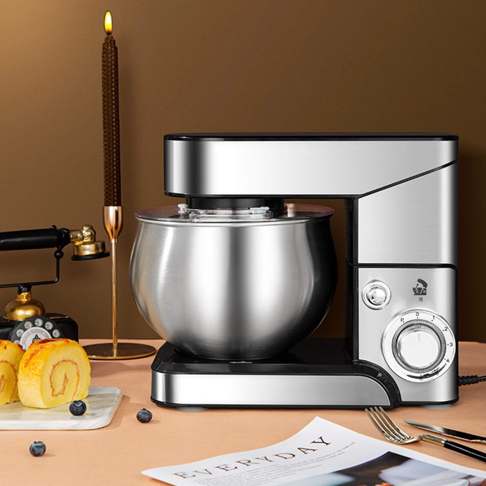 Impastatrice planetaria, planetaria da 1200 W, 6 velocità, 5,5 l, con gancio per impastare, frusta e sbattitore, ciotola per impastare e paraspruzzi rimovibile, argento
