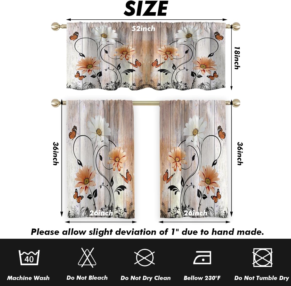 AAtter Orange Floral Kitchen Curtains Valance and Tiers Set 3 Piece Rustic Flower White Daisy Butterfly Rod Pocket Small Short Living Room Bedroom Bathroom Window Curtains 52x18 inch + 26x36 inch*2