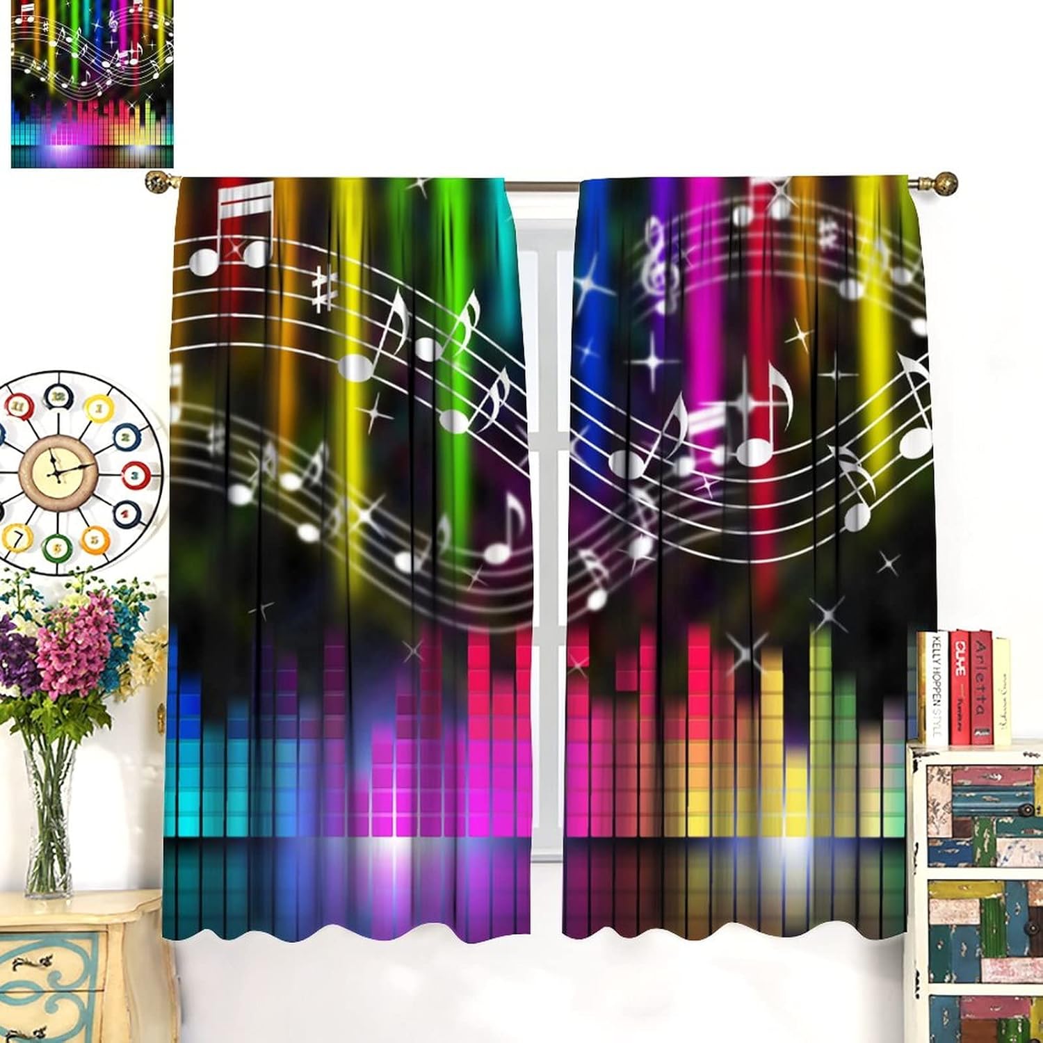 Music Window Curtain, Sound Equalizer Note Colorful Pattern Blackout Curtains for Bedroom Living Room Window Drapes 2 Panel Set, Total Size 42" x 45"