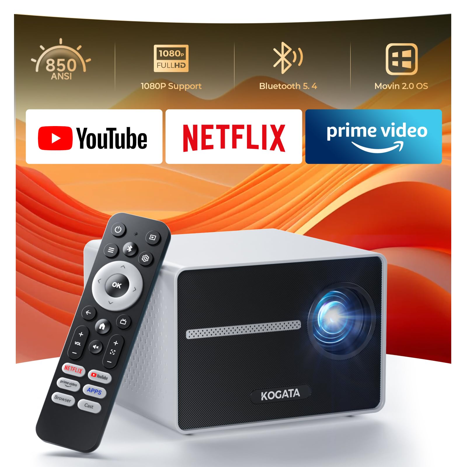 [850ANSI/Built in Apps] Portable Mini Projector with WiFi and Bluetooth, Kogata Outdoor Movie Proyector, Electric Focus/4P Keystone/HDR10, 1080P HD Projector for Bedroom Home Theater