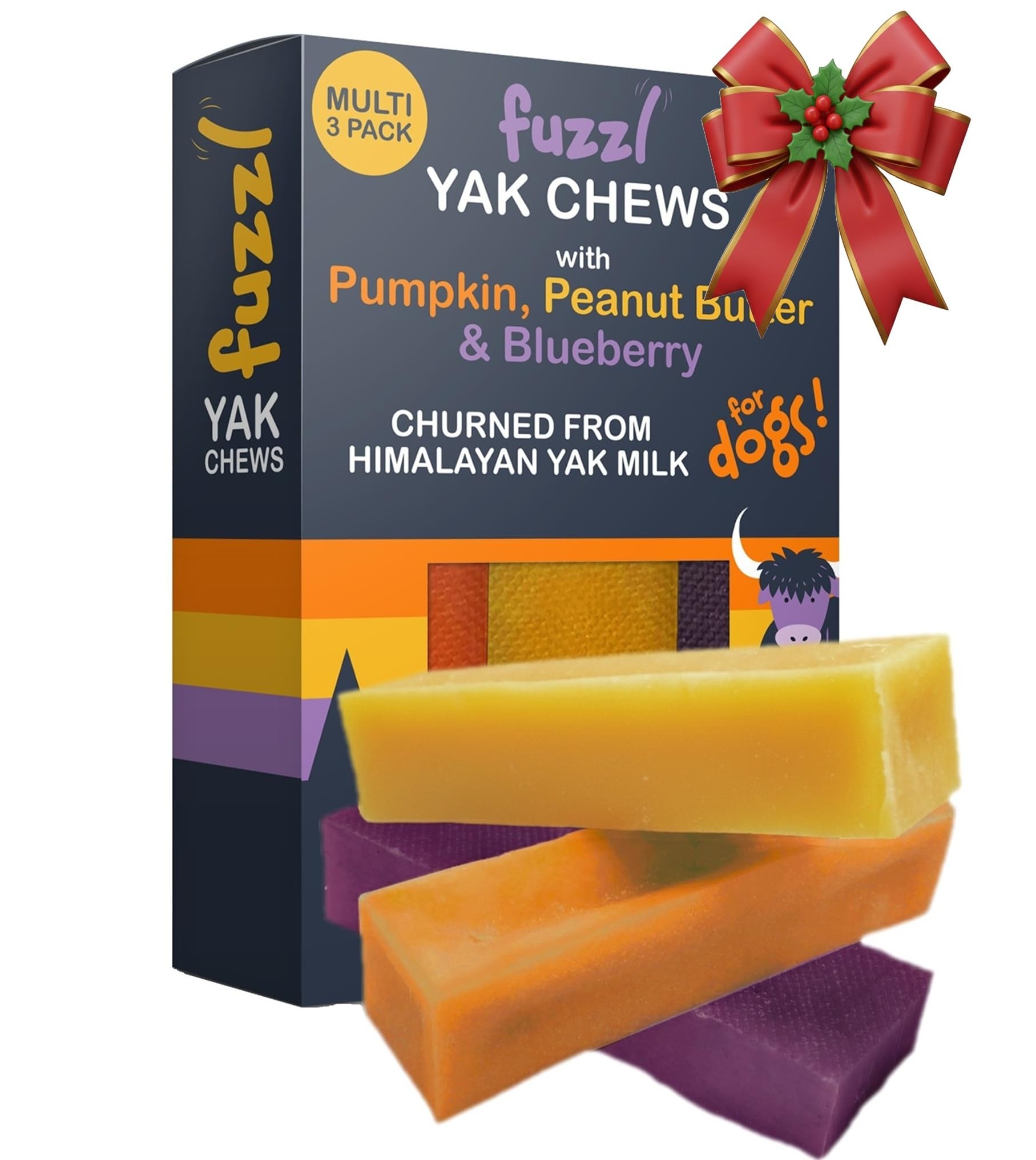 Fuzzl Yak Cheese Chews Blueberry, Peanut Butter, Pumpkin Medium Pack 3 - Himalayan Yak Chews for Dogs - Natural Dog Chew