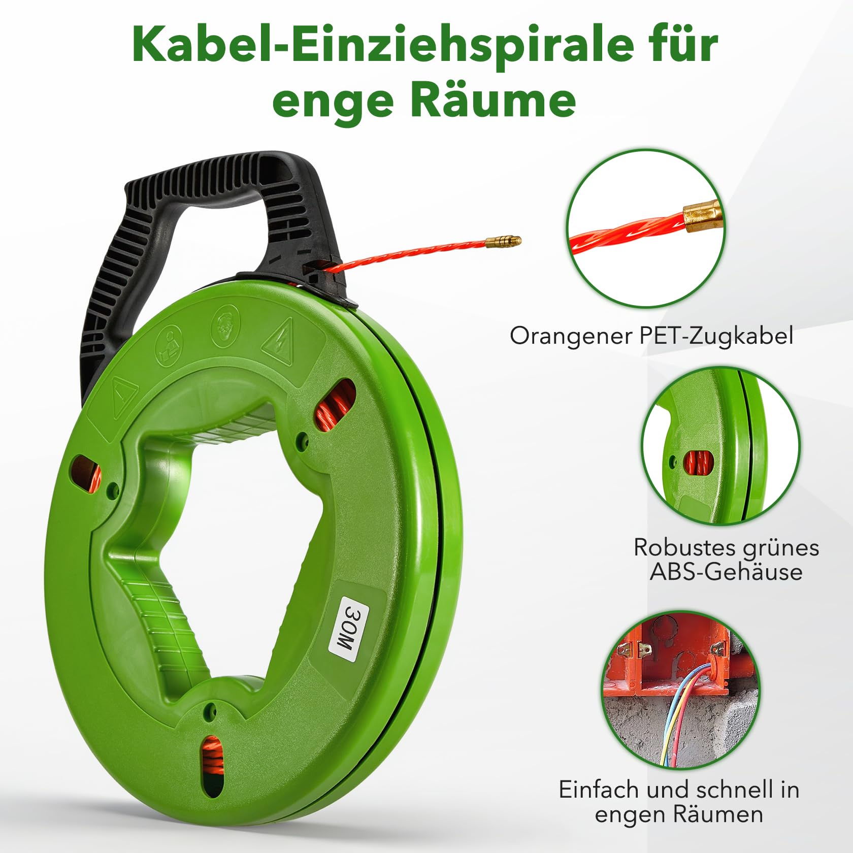 Pindex 30 m Kabel Einzugshilfe Einziehspirale, Kabeleinziehhilfe mit 5 Adapters für Leerrohre, Stromkabel, Netzwerkkabel, Glasfaser