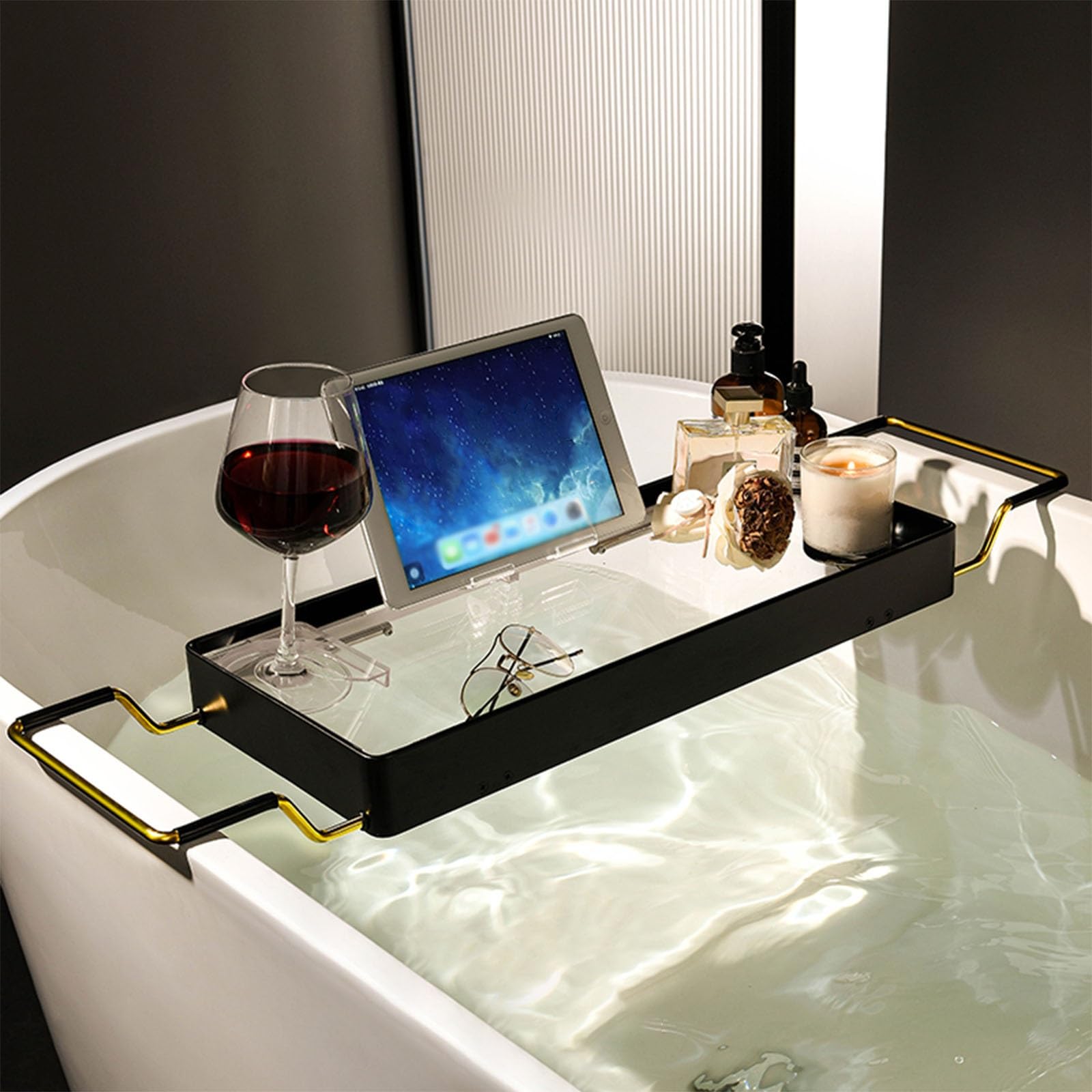 MYUYEE Luxury Expandable Bathtub Caddy Tray With Anti Slip Design For Her/Him White Metal Bath Shelf For Relaxing Bathtime (Black)