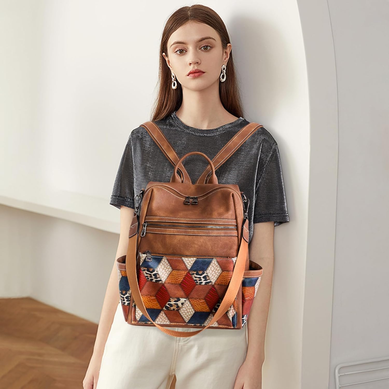 Leather Backpack Purse for Women Designer Ladies Shoulder Bag Fashion Faux Work Travel Handbags - Image 2