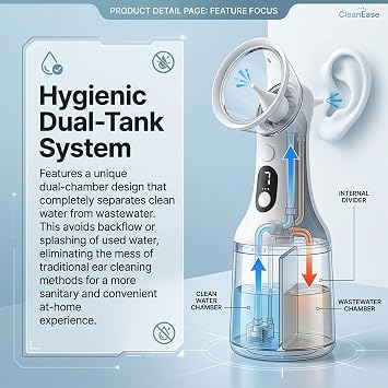 Clear Ease Ear Cleaner, Clearease Ear Wax Removal, Safe Ear Cleaning Device with 4 Pressure Modes & LED Display, USB Rechargeable Water Flushing System for Ear Wax Removal at Home