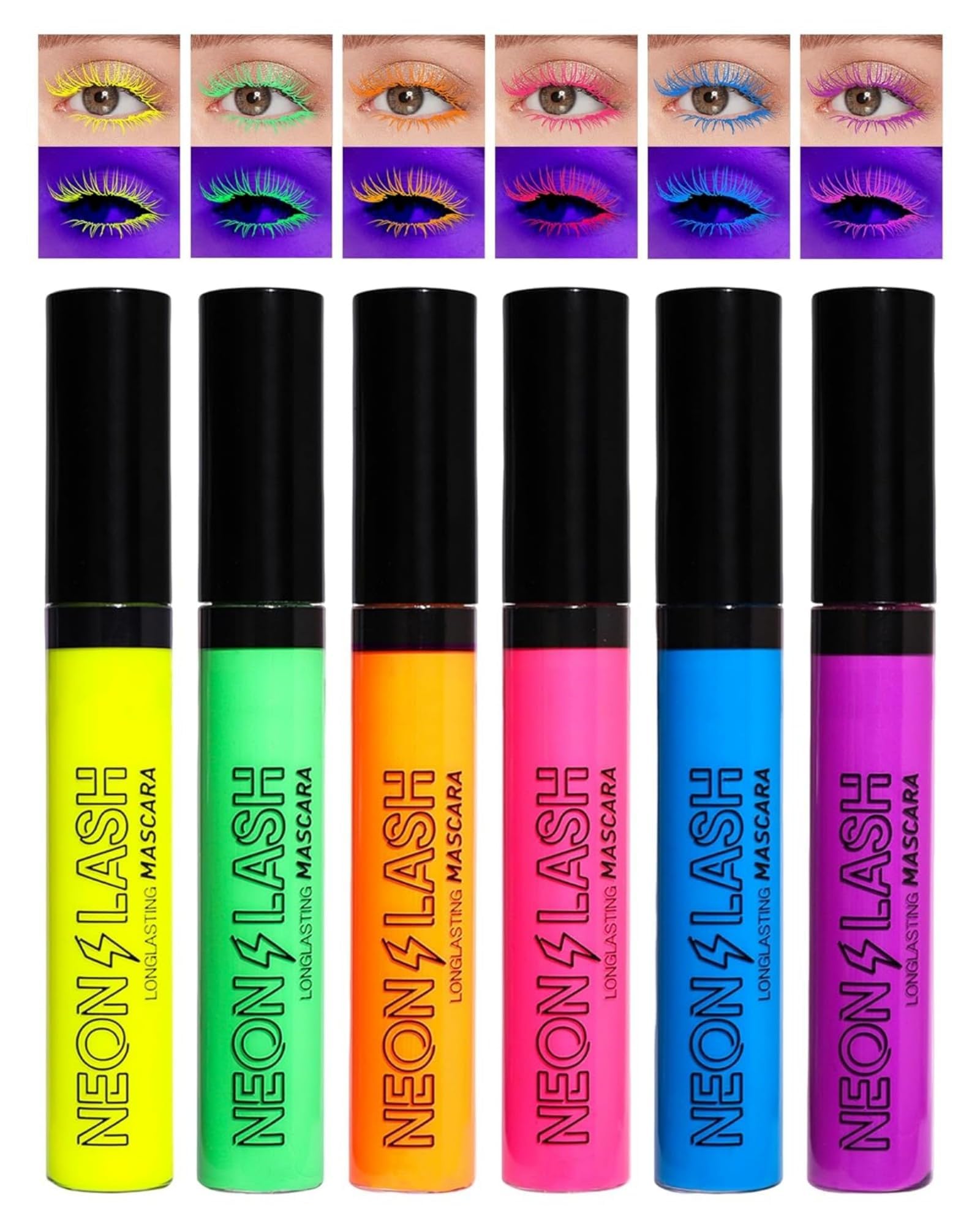 MAKINGTECNeon Mascara 6 Colors - Blacklight, Waterproof, Smudgeproof, Longlasting Fluorescent for Daily Wear, Halloween, Christmas